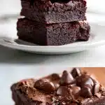 A stack of fudgy protein brownies on a white plate, topped with glossy melted chocolate chips and a dusting of cocoa powder.