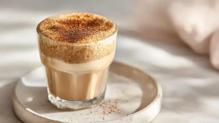 Protein coffee recipe with milk ice cubes, foam, and vanilla.