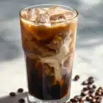 A tall glass of protein coffee recipe iced coffee with milk ice cubes melting into creamy swirls, dark brew, scattered coffee beans.