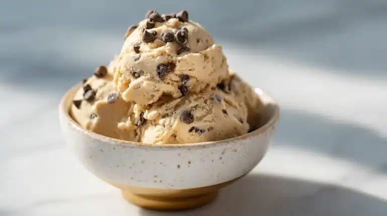 Creamy no-bake protein dessert cookie dough bowl with chocolate chips