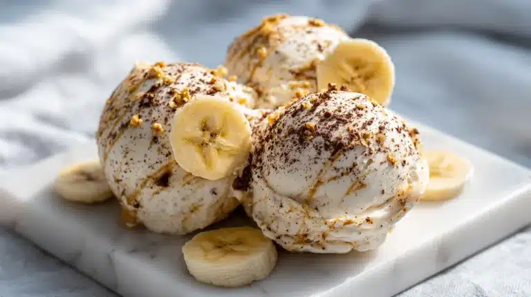 A bowl of creamy homemade protein ice cream topped with banana slices and almond butter drizzle