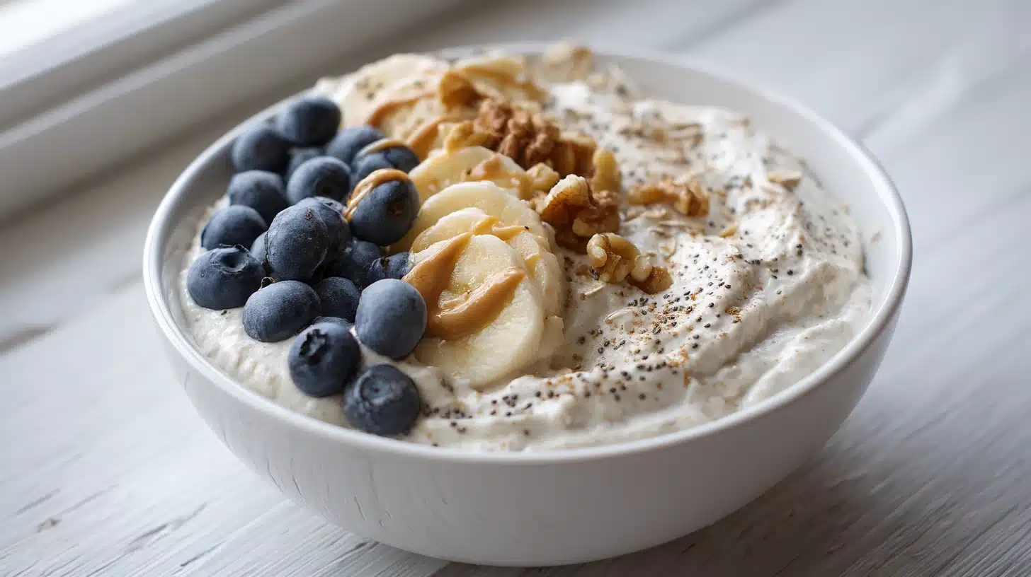 Protein Overnight Oats That Are Creamy, Spiced, and Packed with 30g of Protein 18 Creamy protein overnight oats with berries and almond butter drizzle