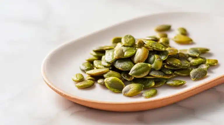 Pumpkin seed sleep snack in a white bowl with honey drizzle on rustic wood