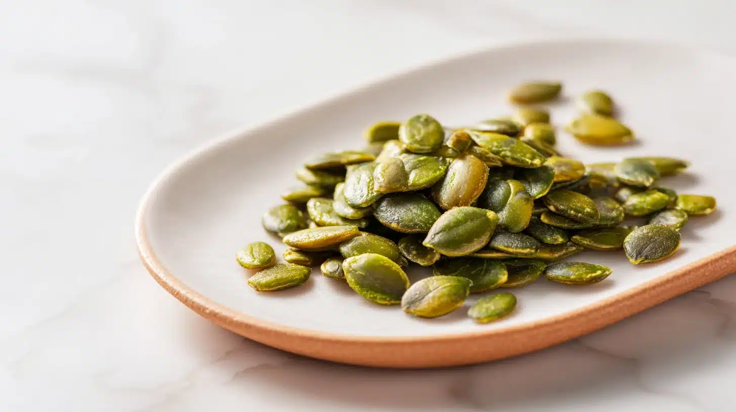 The Pumpkin Seed Sleep Snack That Actually Helps You Wind Down 16 Pumpkin seed sleep snack in a white bowl with honey drizzle on rustic wood