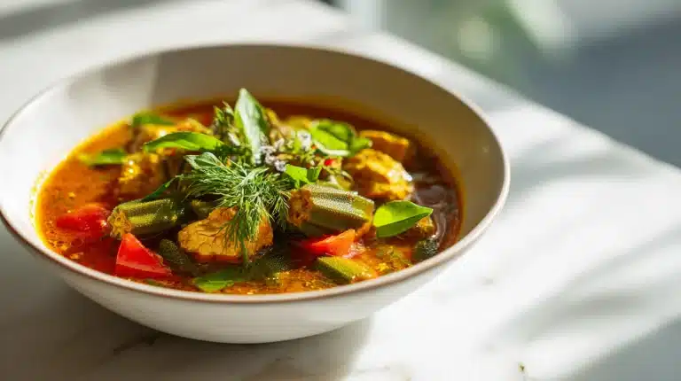 Quick okra soup recipe served in a ceramic bowl with tomato broth and parsley
