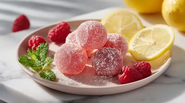 Raspberry lemonade electrolyte gummies on marble with raspberries and lemon wedges