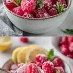Vibrant pink raspberry lemonade electrolyte gummies dusted with powdered sugar, surrounded by fresh raspberries and lemon slices.