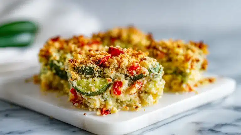 Golden recipe for okra casserole in a baking dish with cheesy breadcrumb topping