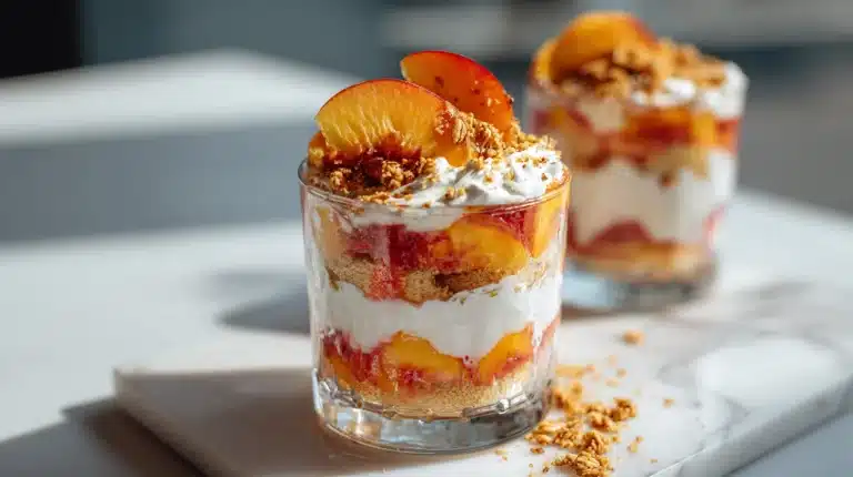 Glass trifle dish showing the recipe for peach trifle with layered cream and peaches