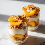 Close-up of a glass trifle bowl filled with distinct layers of golden pound cake cubes, vanilla cream, and sliced fresh peaches, topped with a sprinkle of crunchy granola, sitting on a wooden table in soft natural light.