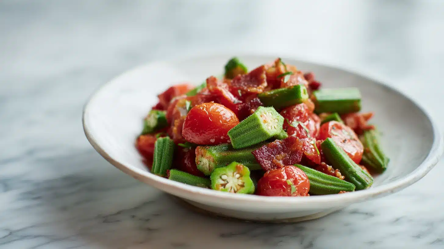Southern Stewed Tomato and Okra: The Recipe That Finally Gets It Right 24 Cast-iron skillet with recipe for tomato and okra topped with crispy bacon
