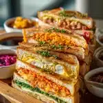 Top view of kimchi fried rice on white plate with runny egg, green onions, sesame seeds, extra kimchi, on marble; recipes with kimchi.