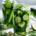 Glistening refrigerator pickles with fresh dill and garlic in a glass jar on marble, natural light, vibrant cucumbers and crunchy texture.