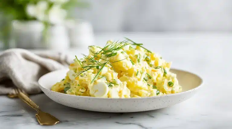Resistant starch potato salad with Greek yogurt dressing, dill, peas, and bacon in a ceramic bowl