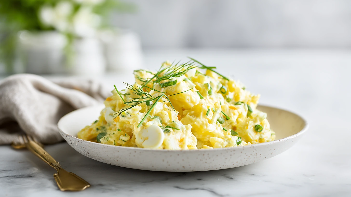 Resistant Starch Potato Salad: The Cold Potato Trick That Changes Everything 28 Resistant starch potato salad with Greek yogurt dressing, dill, peas, and bacon in a ceramic bowl