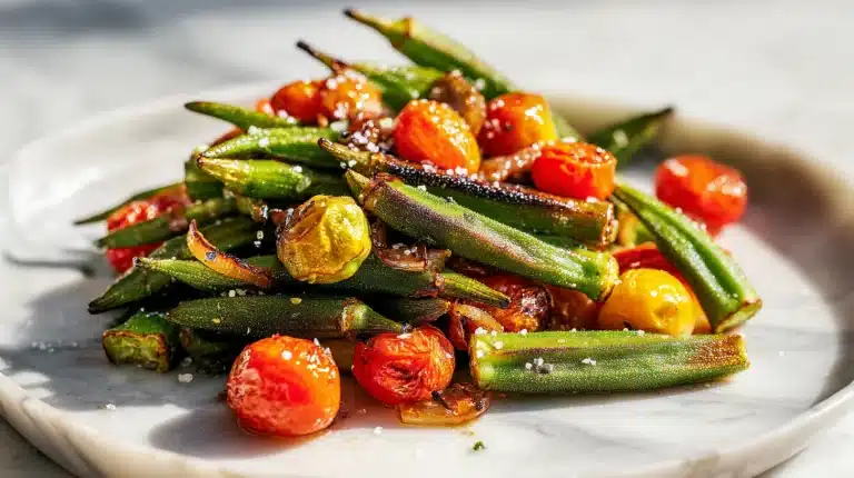 Golden charred sautéed okra recipe in a cast iron skillet with onions and tomatoes