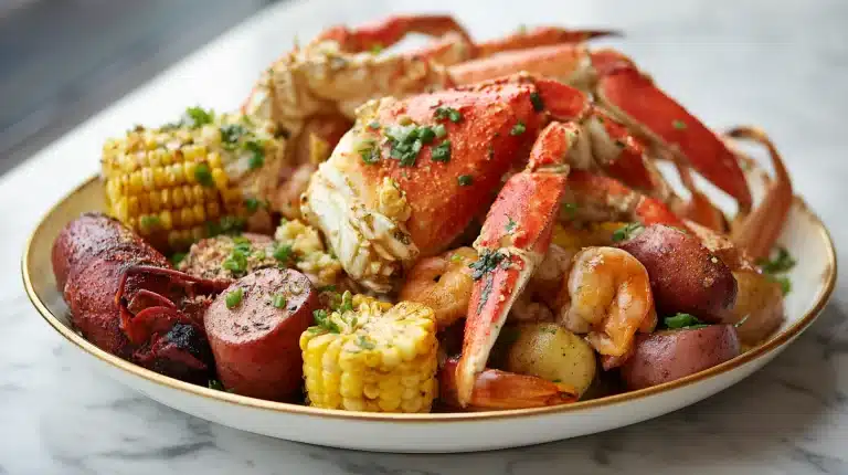 Seafood boil recipe with crab legs, shrimp, mussels, sausage, corn, and garlic butter