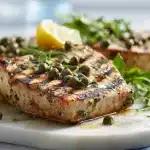 Sicilian-Style Grilled Swordfish with Capers and Lemon on dark slate board