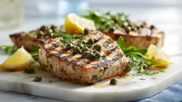 Sicilian-Style Grilled Swordfish with Capers and Lemon on dark slate board
