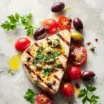 Grilled Sicilian-style swordfish with capers and lemon, on a plate with cherry tomatoes, olives and parsley.