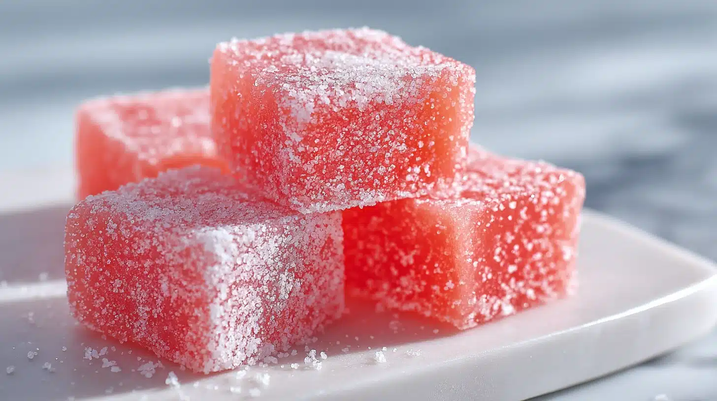 Sour Watermelon Gummies Recipe: Chewy, Tangy, and Ready in 31 Minutes 20 Sour watermelon gummies recipe with citric acid coating on white ceramic tray