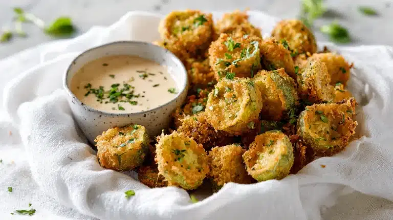 A bowl of crispy golden southern recipe for fried okra with dipping sauce on dark slate