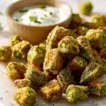 A cast iron skillet filled with golden-brown, crispy fried okra pieces featuring a crunchy cornmeal coating, garnished with fresh parsley and served alongside a small bowl of creamy dipping sauce on a rustic wooden table.