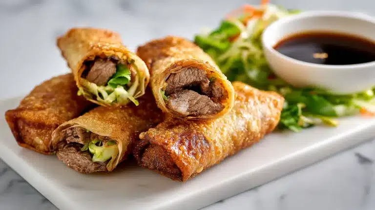 Crispy golden Steak egg rolls sliced open on a rustic wooden board with dipping sauce