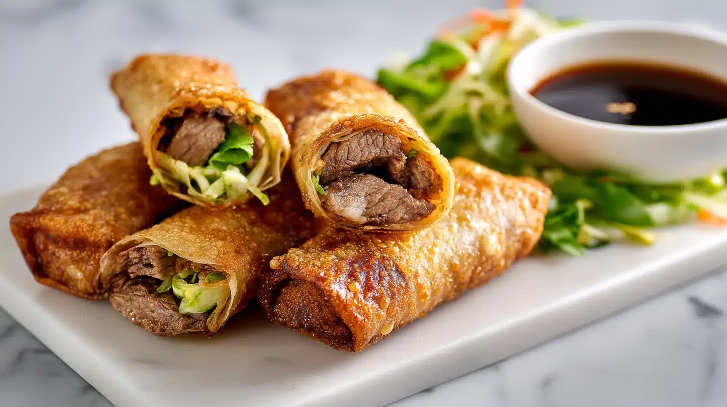 Steak Egg Rolls: The Crispy Cheesesteak Snack You'll Make on Repeat 32 Crispy golden Steak egg rolls sliced open on a rustic wooden board with dipping sauce
