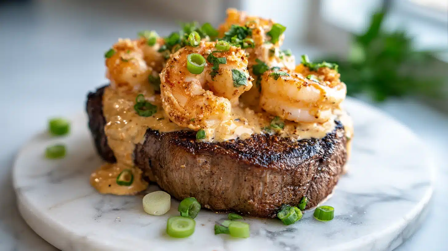 Cast Iron Steak in Creamy Cajun Shrimp Sauce 29 Steak in creamy cajun shrimp sauce served in a cast iron skillet with shrimp and parmesan cream sauce