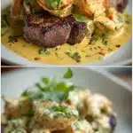 Close-up of a cast iron skillet with a seared ribeye steak smothered in creamy cajun shrimp sauce, topped with fresh chopped herbs.