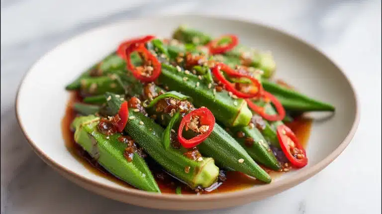 Steamed okra recipes served on white plate with garlic-chili sauce and red chili