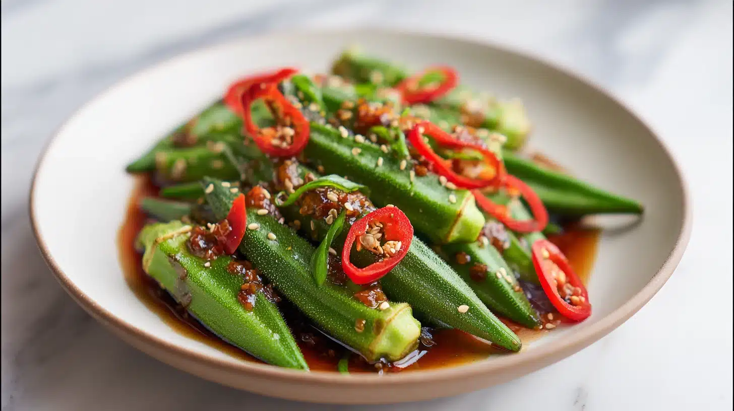 Steamed Okra Recipes That Are Tender, Bright Green, and Never Slimy 20 Steamed okra recipes served on white plate with garlic-chili sauce and red chili
