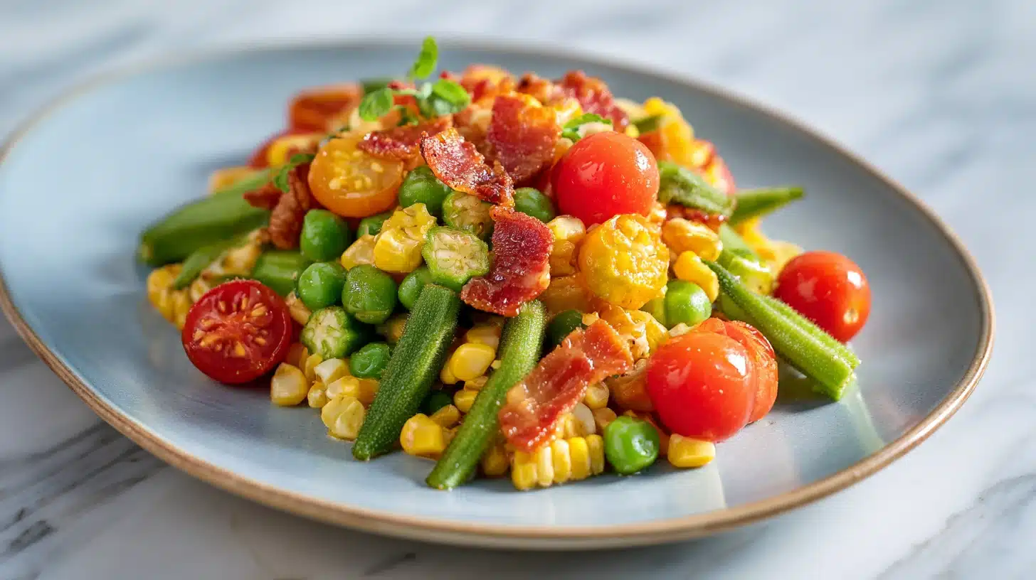 Southern Succotash with Okra: A Smoky, Hearty Skillet Side Dish 22 Cast iron skillet with succotash with okra recipe showing corn, lima beans, and bacon