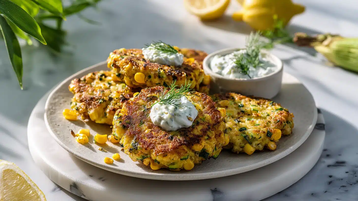 Summer Corn & Zucchini Fritters with Tzatziki (Crispy, Never Soggy) 32 Summer Corn & Zucchini Fritters with Tzatziki stacked on a rustic wooden board