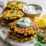 A stack of golden-brown crispy summer corn and zucchini fritters on a white plate, topped with fresh dill fronds, alongside a small bowl of thick tzatziki sauce and a lemon wedge on a rustic wooden table.