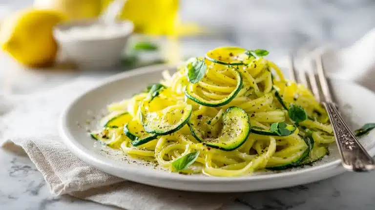 Bowl of Summer Squash Pasta with brown butter, goat cheese, and pine nuts on a wooden board