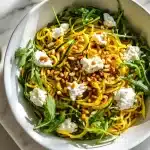 A bowl of Summer Squash Pasta with lemon brown butter sauce, creamy goat cheese, toasted pine nuts, and fresh arugula on a rustic table.