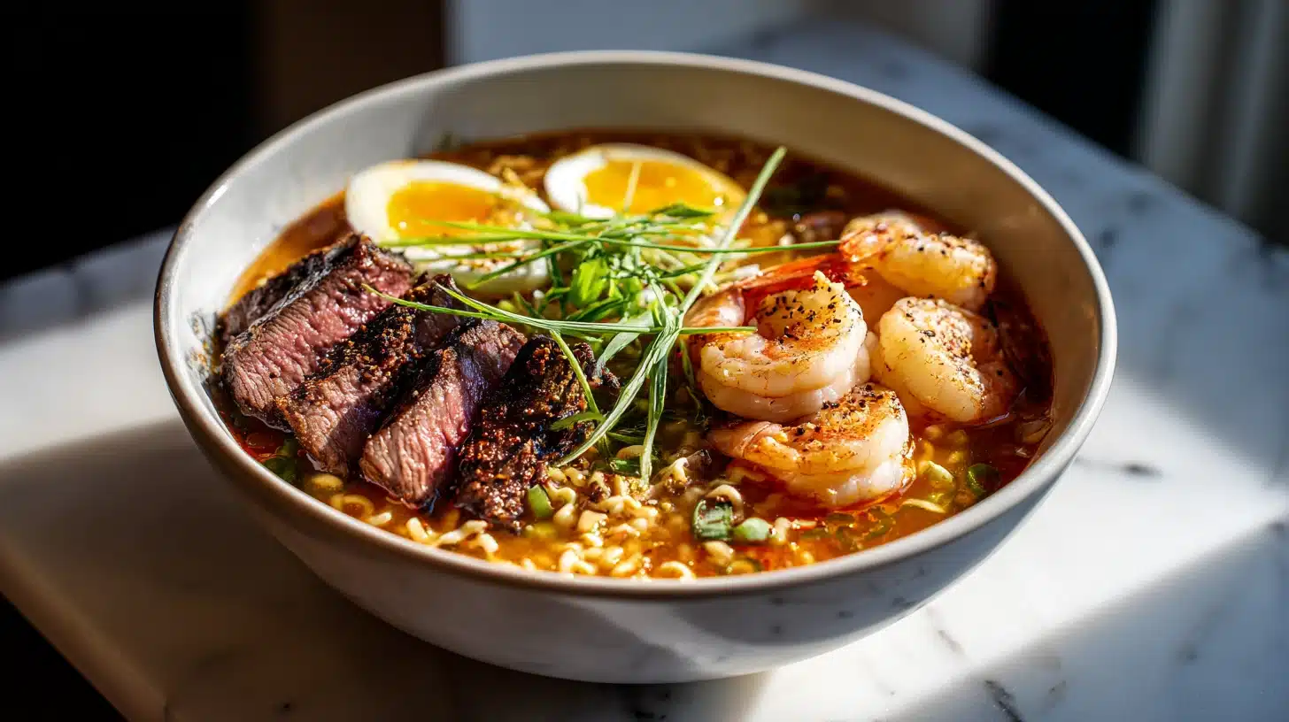 Surf and Turf Ramen: The Bowl That Has Everything 35 Surf and turf ramen with seared steak slices, shrimp, and soft-boiled egg in a steaming broth bowl