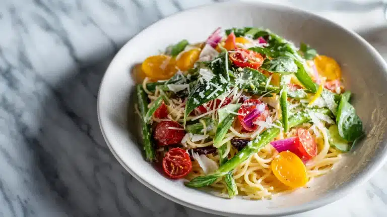 A large bowl of Tangy Mediterranean Pasta Salad with feta, olives, and cherry tomatoes