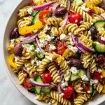 A Tangy Mediterranean Pasta Salad bowl with rotini, cherry tomatoes, cucumber, feta, olives, and bell pepper on a bright marble surface.