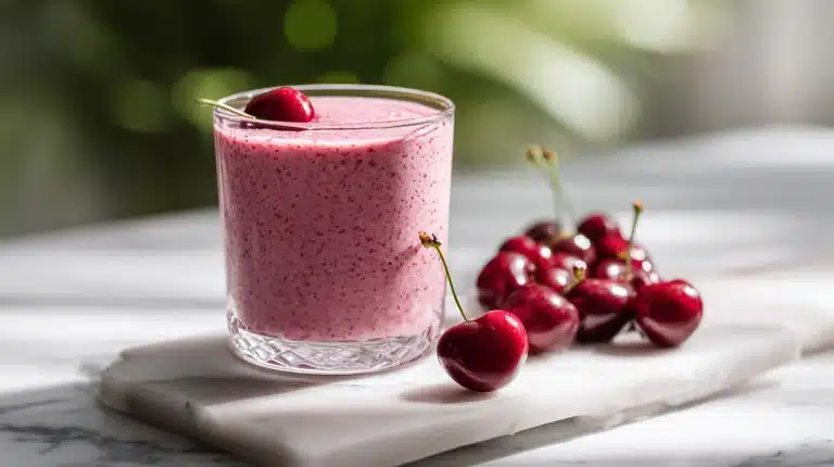 Tall glass of tart cherry sleep smoothie with deep ruby color and cherry garnish on marble
