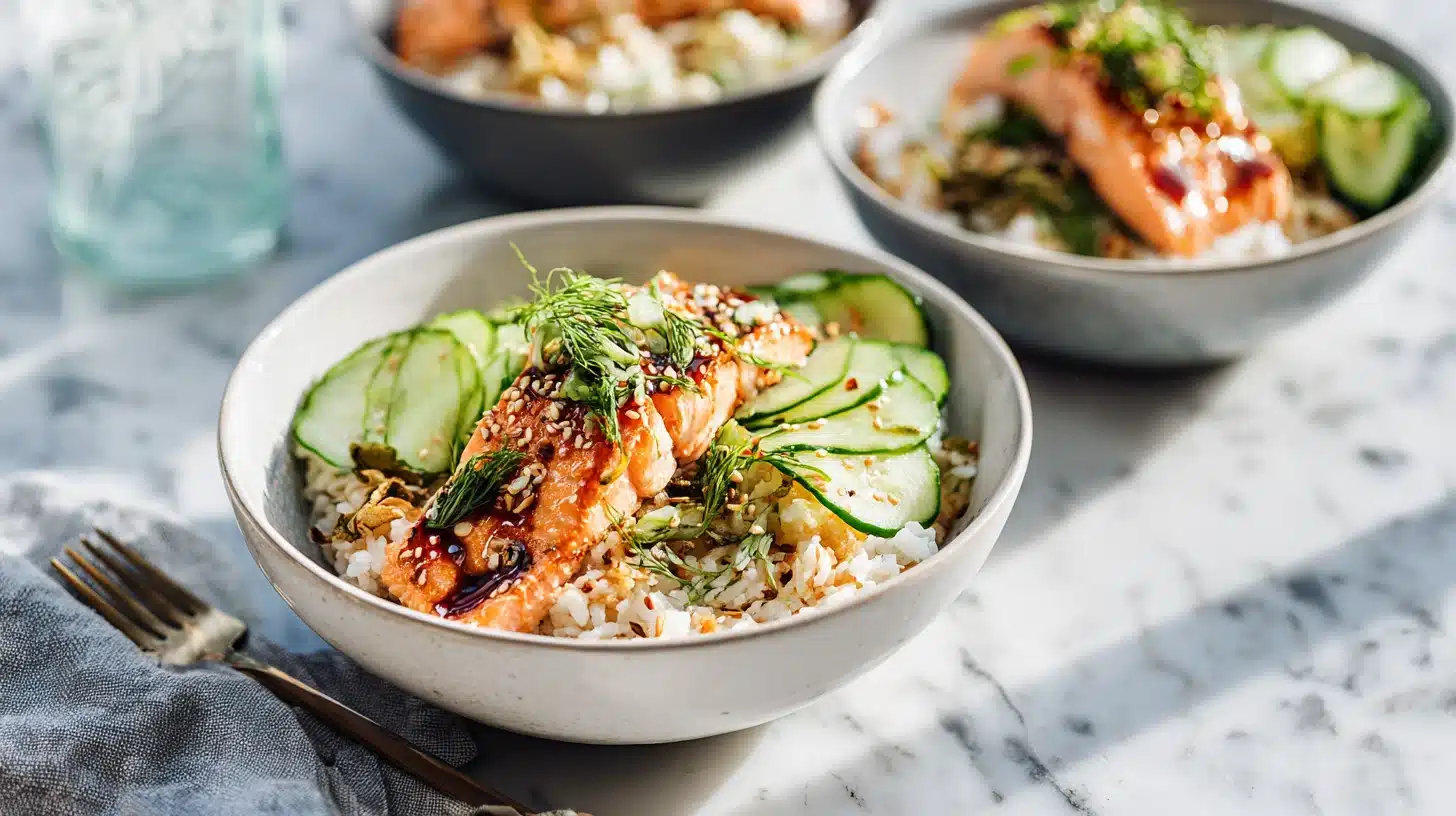Teriyaki Salmon Rice Bowls with Pickled Cucumbers (Better Than Takeout) 30 Teriyaki Salmon Rice Bowls with Pickled Cucumbers topped with sesame seeds and scallions