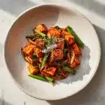 A plate of crispy tofu kimchi stir-fry with golden tofu cubes, bright red kimchi, and chopped green scallions.