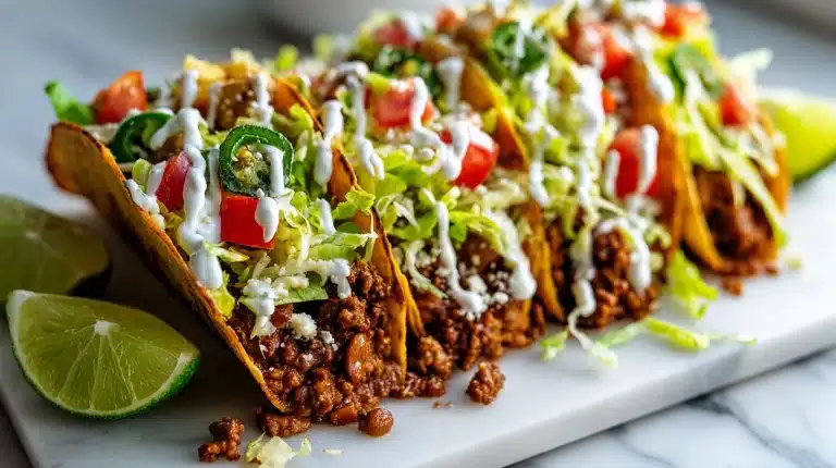 Crispy homemade tostadas topped with beef, beans, lettuce, and cotija cheese