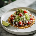 Crispy tostada topped with seasoned ground beef, refried beans, lettuce, tomato, cheese, crema, jalapeños, and lime on white marble.