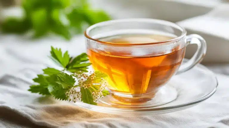 Steaming mug of valerian root tea recipe with dried herbs and honey on rustic wood
