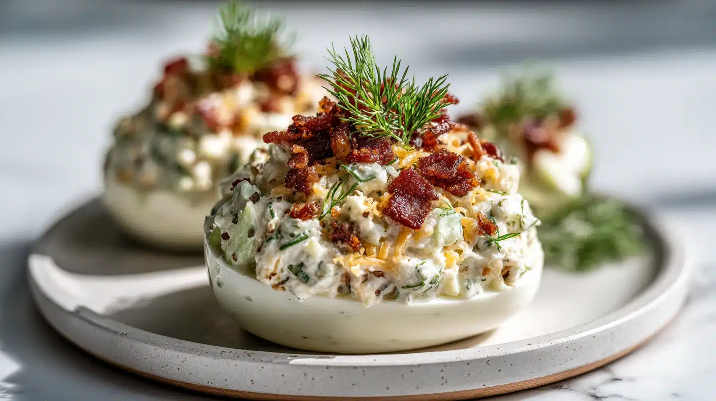 The Viral Pickle Dip Recipe Everyone Is Making Right Now 22 Viral pickle dip recipe in a white bowl topped with bacon, cheddar, and fresh dill