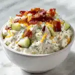 A bowl of the viral pickle dip recipe, creamy with crispy bacon, shredded cheddar, and dill pickle chunks, served with crackers on a rustic table.