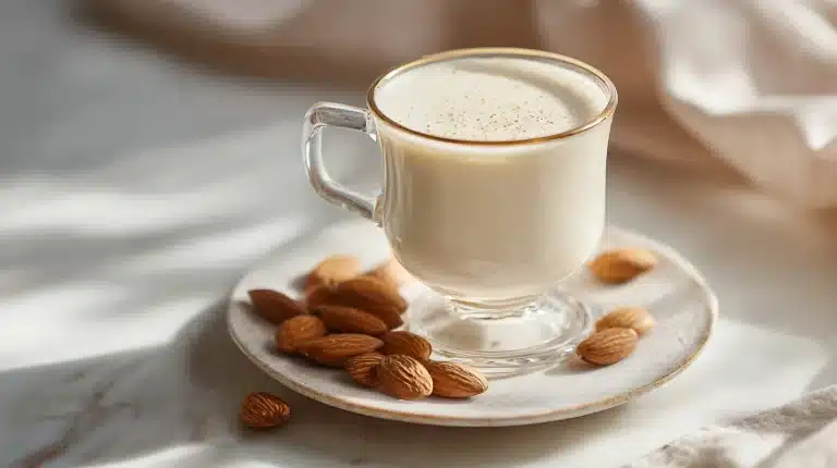 Steaming mug of warm almond milk for sleep with cinnamon and honey on a wooden board